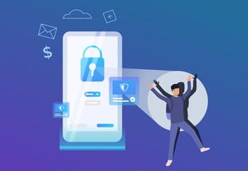 Hacker keeping hands up. Smartphone with blue lock and alert notifications. Hacker attack failure concept. Vector illustration can be used for antivirus, cybercrime, catching criminal