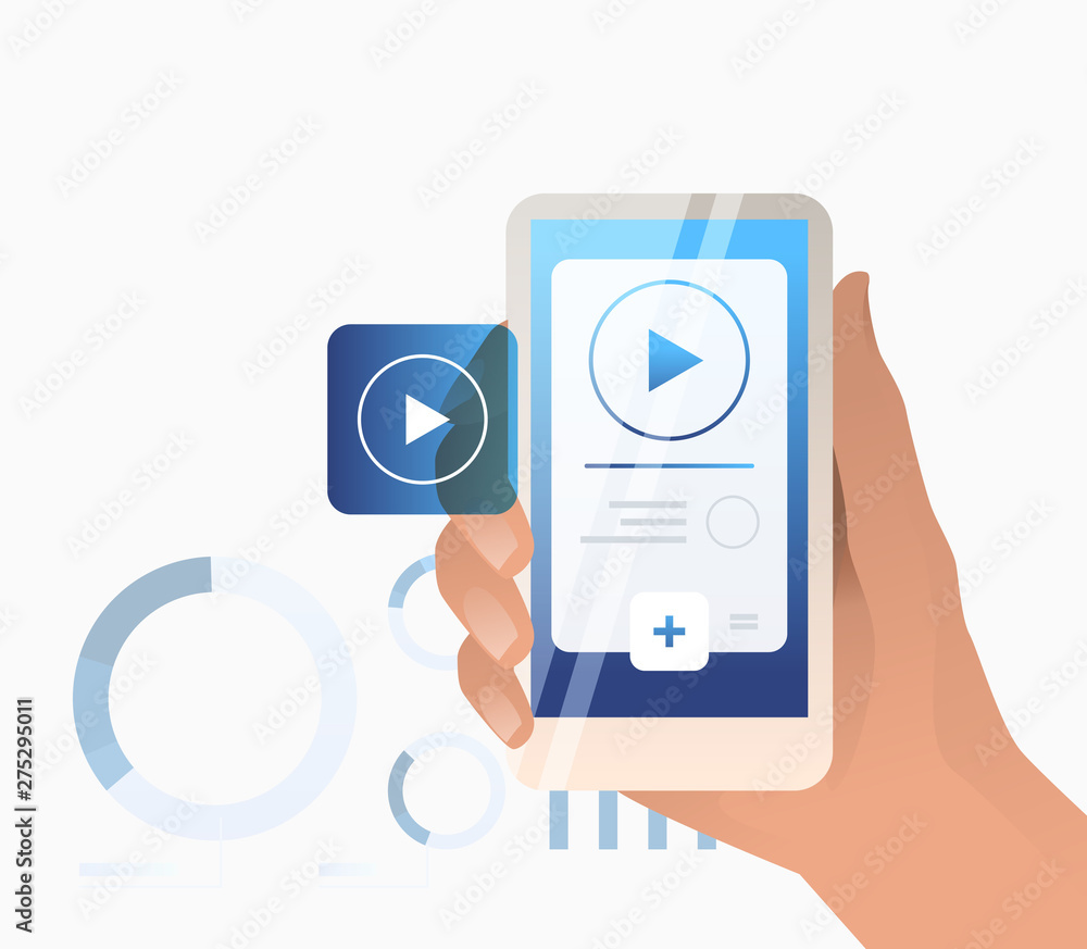 Poster hand holding smartphone with player interface. watching video concept, livestream, mobile phone. str