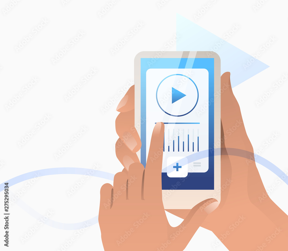 Poster person using smartphone with audio player interface. human hand, audio wave, play button. streaming 