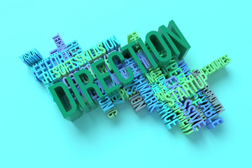 Direction, business keyword and words cloud. For web page, graphic design, texture or background. 3D rendering.