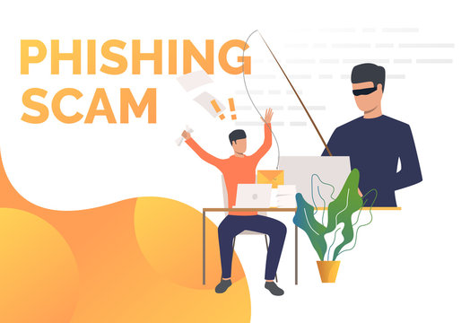 Phishing Scam Page Template With Burglar Hacking Into Office Email Server. Hacker Attack Concept. Vector Illustration Can Be Used For Landing, Presentations, Posters