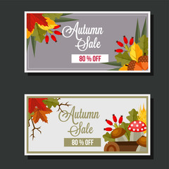 autumn sale flat style leaves banner mushroom log