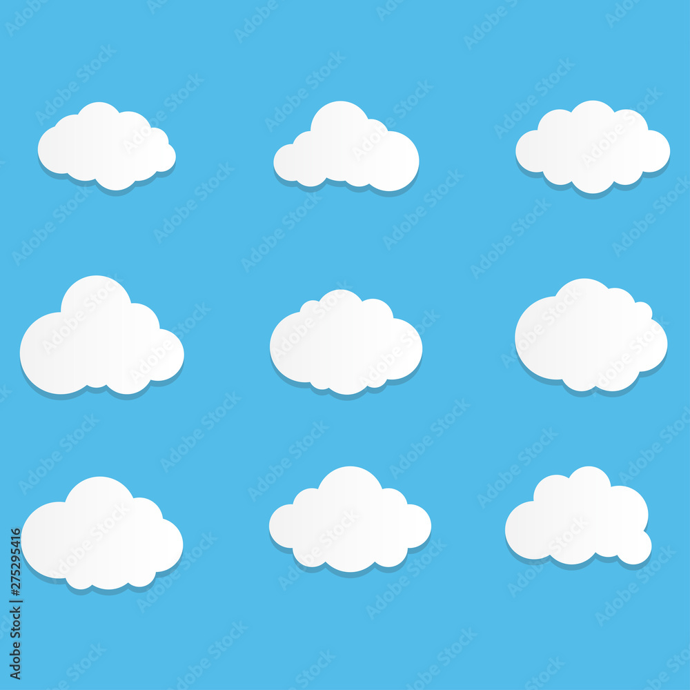 Aufkleber set of cloud icons with flat style in blue sky background. copy space. speech bubble, white blank ha