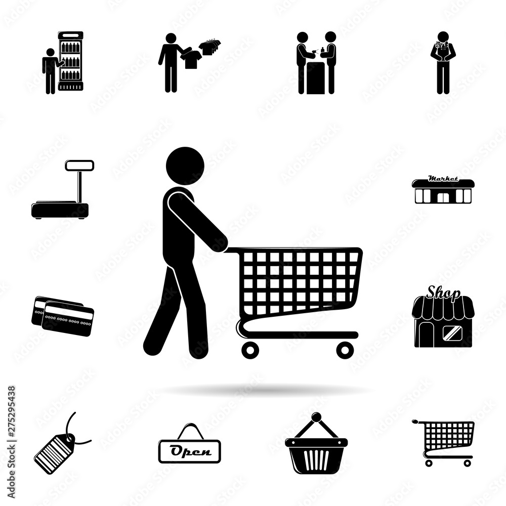 Poster man with a shopping cart icon. universal set of shop for website design and development, app develop
