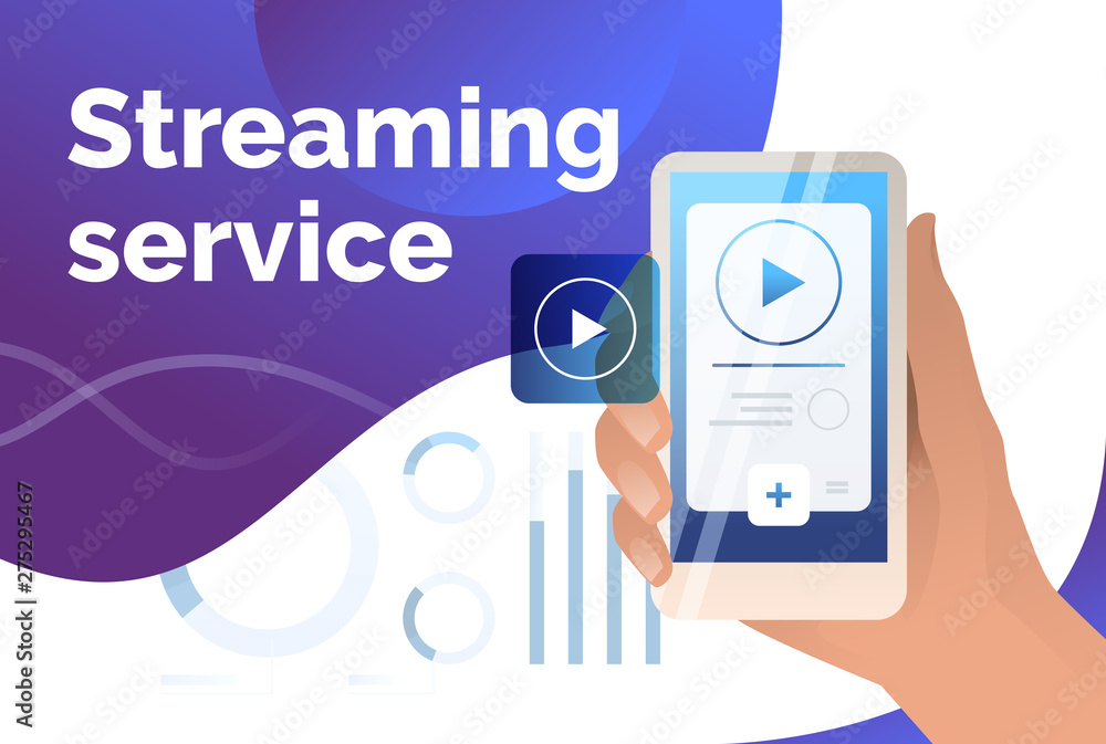 Aufkleber streaming service presentation slide template. hand holding smartphone with player interface. watchi