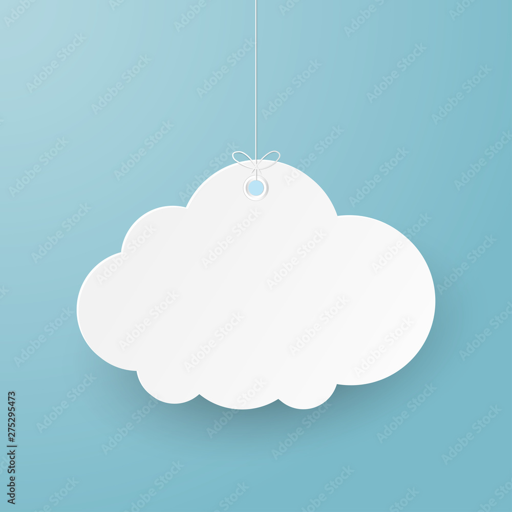 Poster paper art with cloud on blue sky. copy space. speech bubble, white blank hanging..