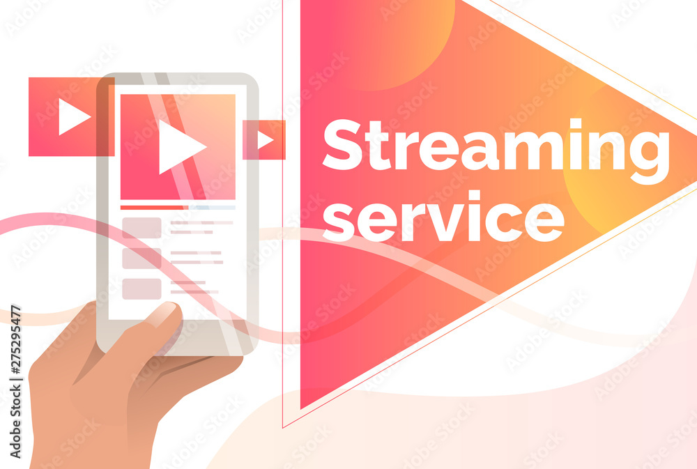 Poster streaming service slide template. hand holding digital device with online player interface. watching