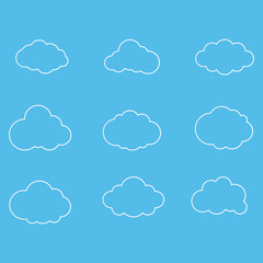 Set of Cloud outline Icons. Clouds symbol vector illustration on blue sky background.
