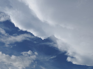 Fototapeta premium Cloudy sky background, view of fat dark clouds moving in soft rain with blue sky background.