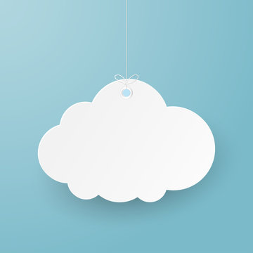 Paper art with cloud on blue sky. Copy space. Speech Bubble, White blank hanging..