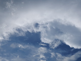 Cloudy sky background, view of fat dark clouds moving in soft rain with blue sky background.