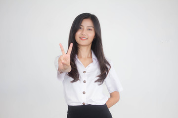 Portrait of thai adult student university uniform beautiful girl victory