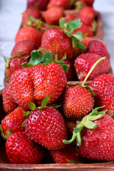 Fresh organic strawberries in little wooden bowls