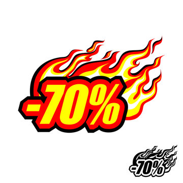 hot discount of 70%, colored blazing inscription with a flame, tongues of fire, flash. EPS 10 Isolated Vector Illustration