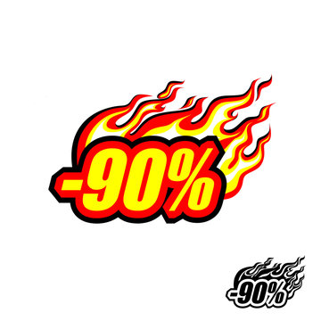 hot discount of 90%, colored blazing inscription with a flame, tongues of fire, flash. EPS 10 Isolated Vector Illustration