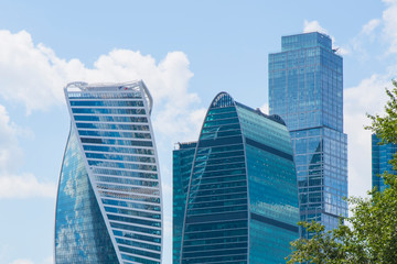 Fototapeta premium Moscow, Russia - June, 2019. Towers Moscow City skyscrapers of the city. A beautiful futuristic landmark