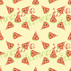Summer seamless pattern with slices of watermelon and inscription Summertime on bright background. Textile print, wallpaper or backdrop with repeating elements in yellow, red, green, black colors.