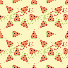 Summer seamless pattern with slices of watermelon and inscription Summertime on bright background. Textile print, wallpaper or backdrop with repeating elements in yellow, red, green, black colors.