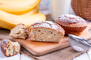 Homemade banana muffins on the wooden table