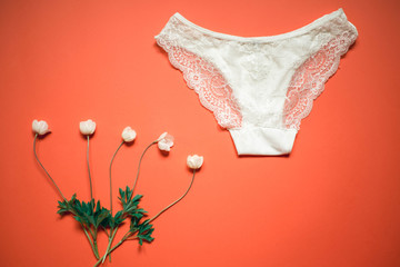 White lace panties on a coral background. Female underwear for the bride with delicate flowers on an orange background.