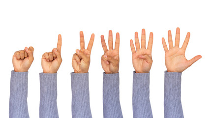 Hand showing zero to five fingers count Communication gestures concept