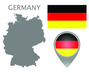Colorful flag, map pointer and gray blank map of Germany. High detail. Vector illustration
