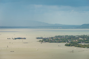 Aerial view landscape of island and lake with house at Songkhla, Thailand.