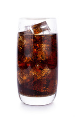 Cola in glass with ice cubes on white background