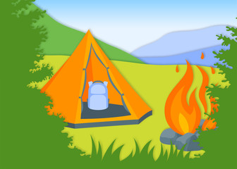 Vector orange tent among the trees in flat style