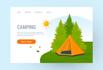 Vector orange tent among the trees in flat style