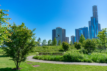 Green Park in the Streeterville Neighborhood of Chicago with Downtown Buildings