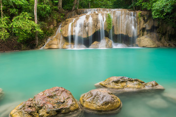 Beautiful waterfall in Erawan waterfall National Park in Kanchanaburi, Thailand