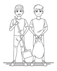 cleaning service person avatar cartoon character in black and white