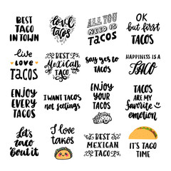 Fototapeta premium Set of 16 Tacos inscriptions. Tacos - traditional Mexican dish. It can be used for poster, menu, cards, brochures and other marketing materials.