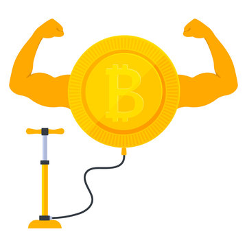 Strong bitcoin cryptocurrency showing big muscles. Inflating the coin by the pump on the stock market. Increase of the value of the digital gold. Blockchain and mining sign.Vector cartoon illustration