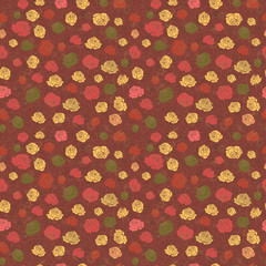 Vector seamless pattern with color roses and botanical elements on a dark red background. Flower texture with roses. Kitchen textiles, print for textiles, wrapping paper, wallpaper design.