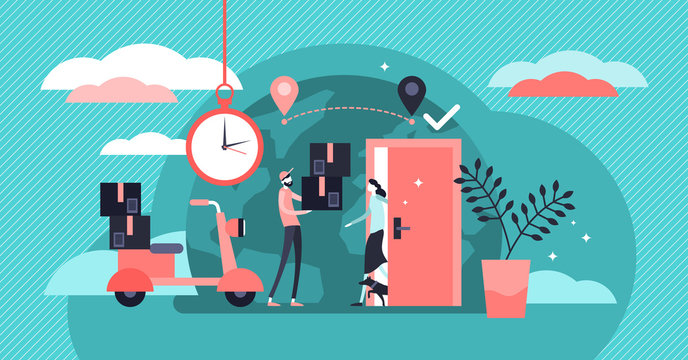 Delivery service vector illustration. Flat tiny shipping persons concept.