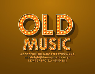 Vector retro style poster Old Music with lamp 3D Font. Golden Light bulb ALphabet Letters, Numbers and Symbols