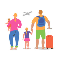 A married couple with children of different nationalities are going on vacation to fly a plane. Came to the airport with luggage. Inspire to travel. Vector minimalist characters in EPS 10