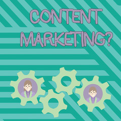 Writing note showing Content Marketing question. Business concept for involves creation and sharing of online material Two Business People Inside Cog Wheel Gear for Teamwork Event