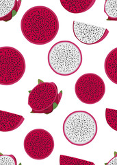 Dragon fruit slice seamless pattern on a white background. Red dragon fruit. Tropical exotic cactus fruits vector illustration.