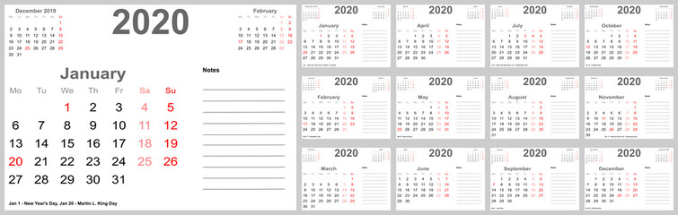 Kalender 2020 für die USA mit Feiertagen, Platz für Notizen und oben mit vorherigem und folgendem Monat. Set mit 12 einzelnen Monaten. Wochenstart Montag.