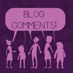 Text sign showing Blog Comments. Business photo showcasing Space at the end of each post for a reader to leave a comment Silhouette Figure of People Talking and Sharing One Colorful Speech Bubble