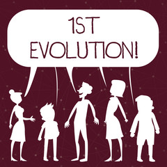 Handwriting text writing 1St Evolution. Conceptual photo Change in the genetic features of biological populations Silhouette Figure of People Talking and Sharing One Colorful Speech Bubble