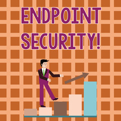 Word writing text Endpoint Security. Business photo showcasing the methodology of protecting the corporate network Smiling Businessman Climbing Colorful Bar Chart Following an Arrow Going Up