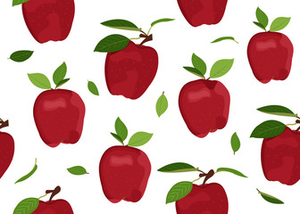 Apple seamless pattern with leaves on a white background. Red apples fruits vector illustration.