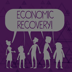Obraz premium Writing note showing Economic Recovery. Business concept for rise of business activity signaling the end of a recession Figure of People Talking and Sharing Colorful Speech Bubble