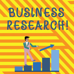 Word writing text Business Research. Business photo showcasing process of acquiring detailed information of the business Smiling Businessman Climbing Colorful Bar Chart Following an Arrow Going Up