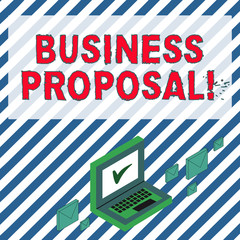 Word writing text Business Proposal. Business photo showcasing written offer from a seller to a prospective buyer Color Mail Envelopes around Laptop with Check Mark icon on Monitor Screen