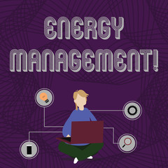 Word writing text Energy Management. Business photo showcasing way of tracking and monitoring energy to conserve usage Woman Sitting Crossed Legs on Floor Browsing the Laptop with Technical Icons